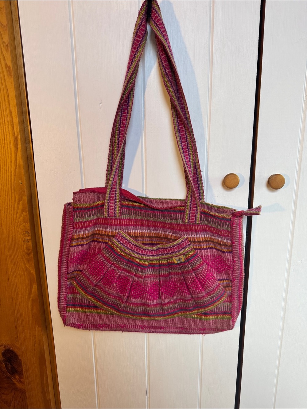 Pink Striped Knit Tote Bag - Casual Everyday Shoulder Bag